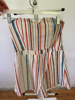 Striped Strapless Romper in Cream with Red & Blue
